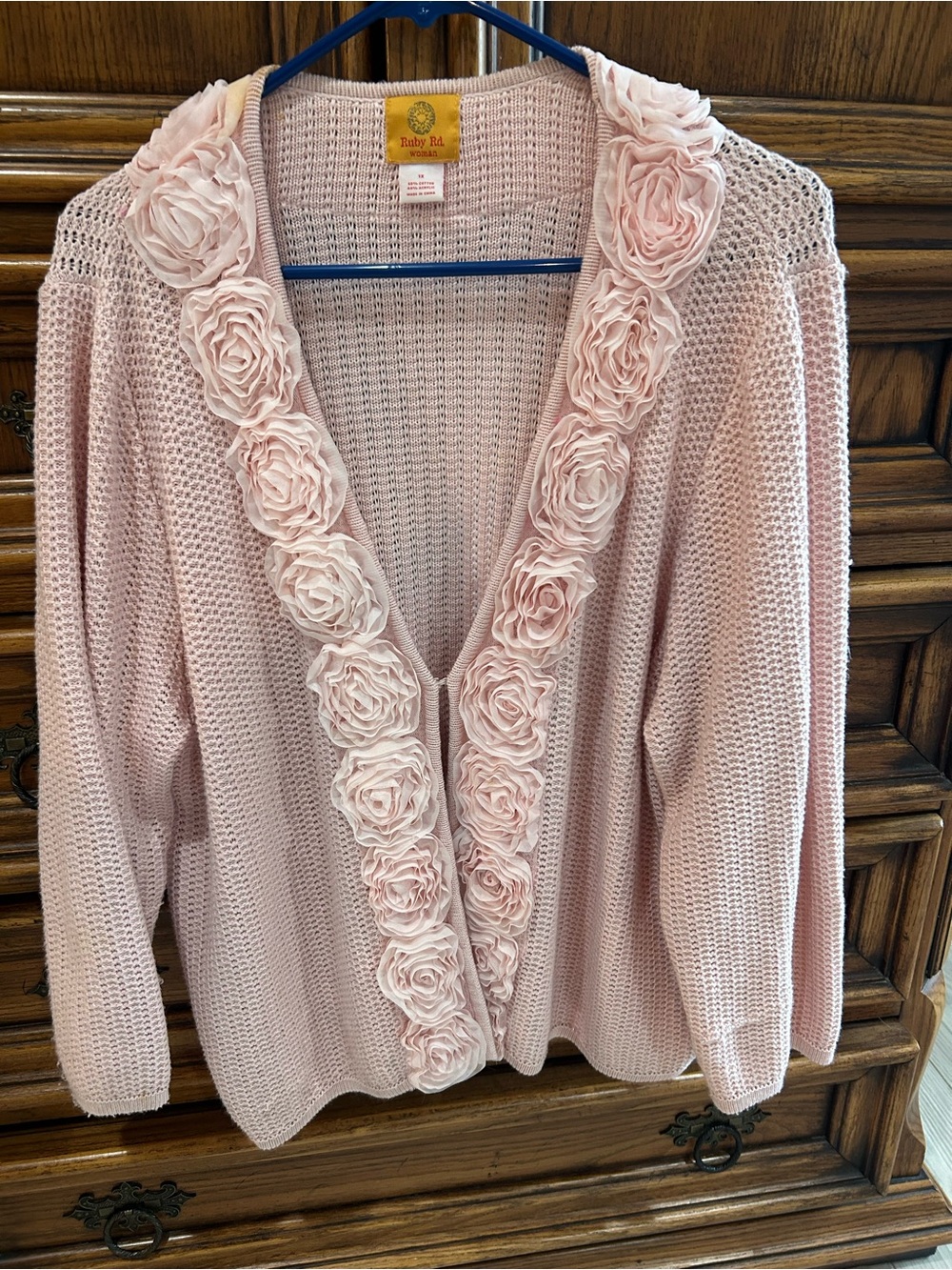Ruby Rd. Light Pink Rose Trim Open-Front Cardigan
